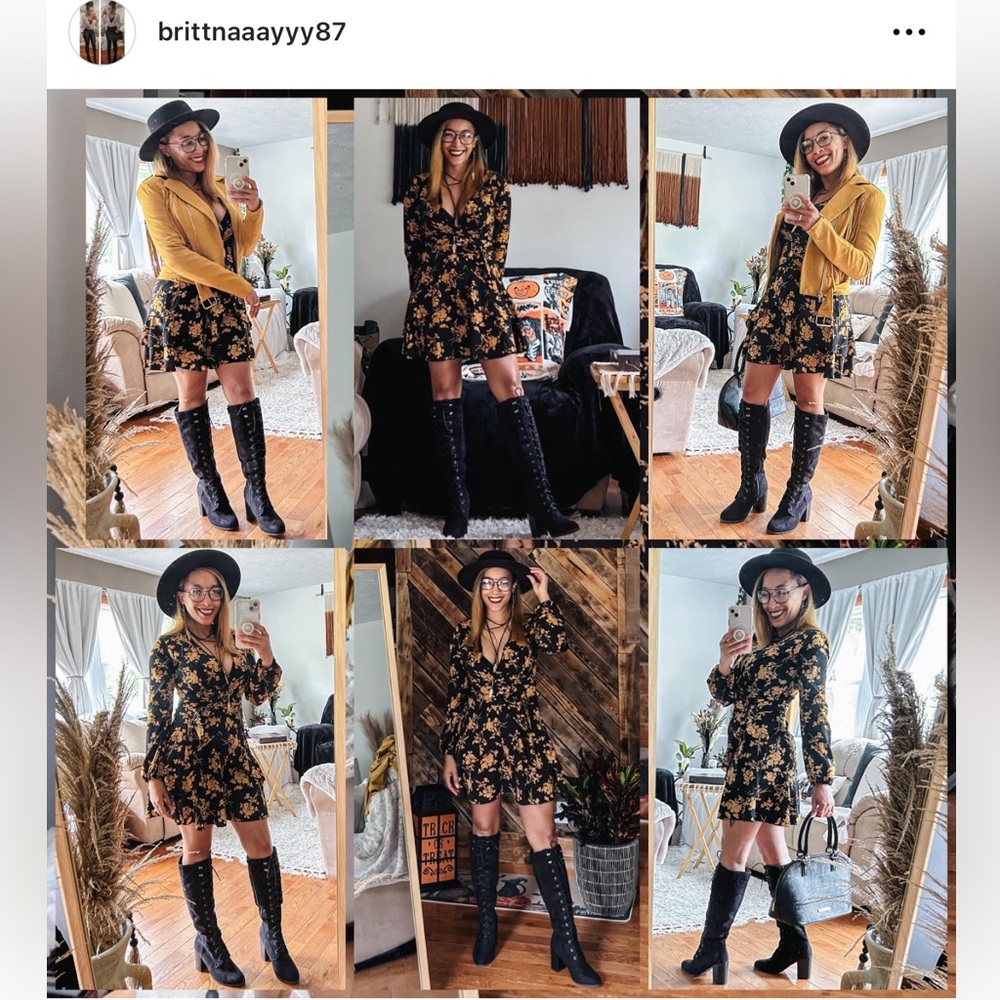 Fall Floral Long-Sleeve V-Neck Ruffle Dress